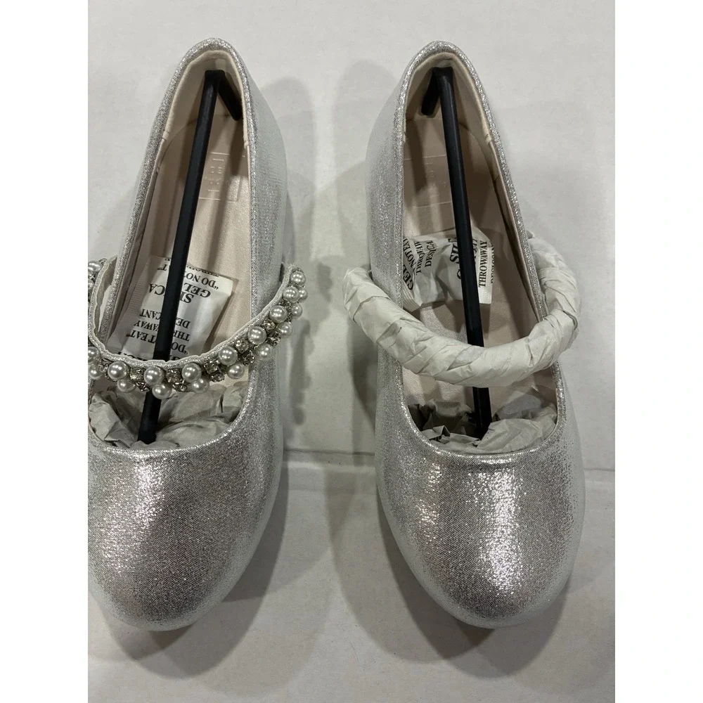 David B. Gold Glitter Iridescent Flower Bow Little Girls Dress Shoes US Size 11